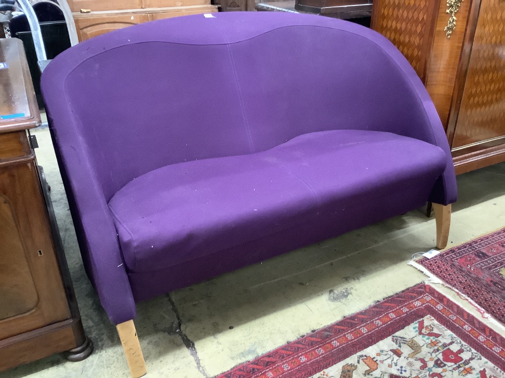 A contemporary purple fabric two seater settee, width 133cm depth 70cm height 87cm